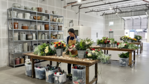 Florist setup in a warehouse space