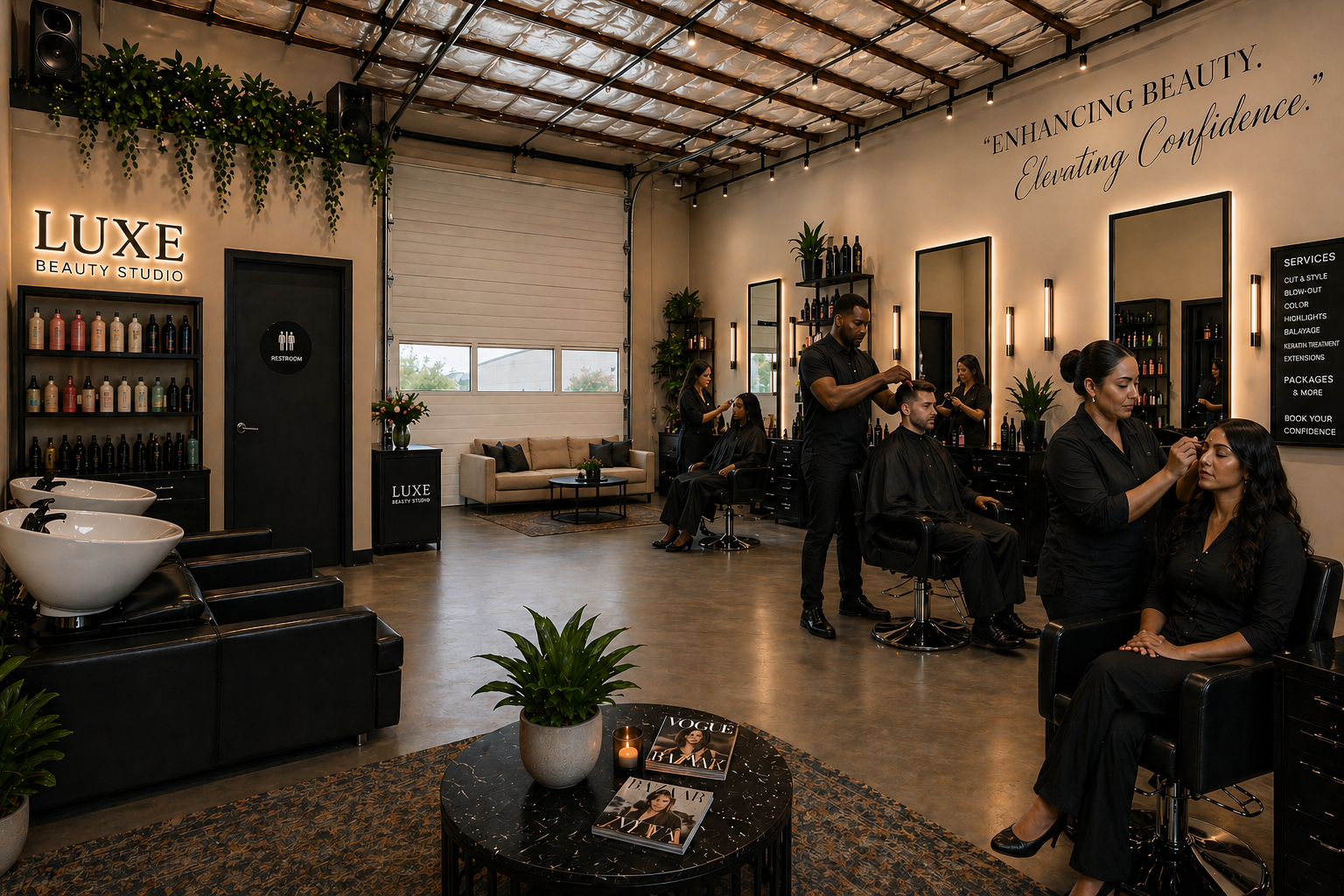 Hair salon setup inside a WorkBay warehouse bay