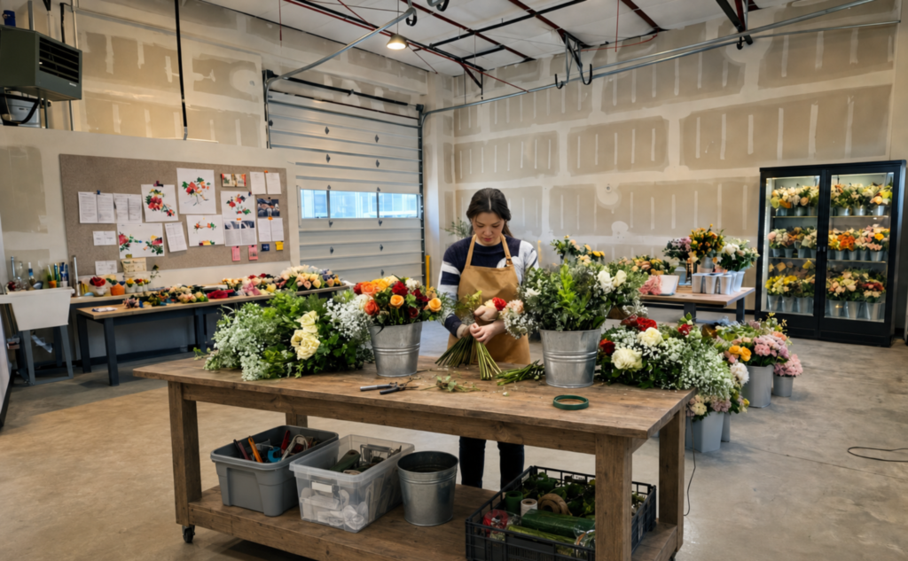 A woman using small warehouse space to run her floral business