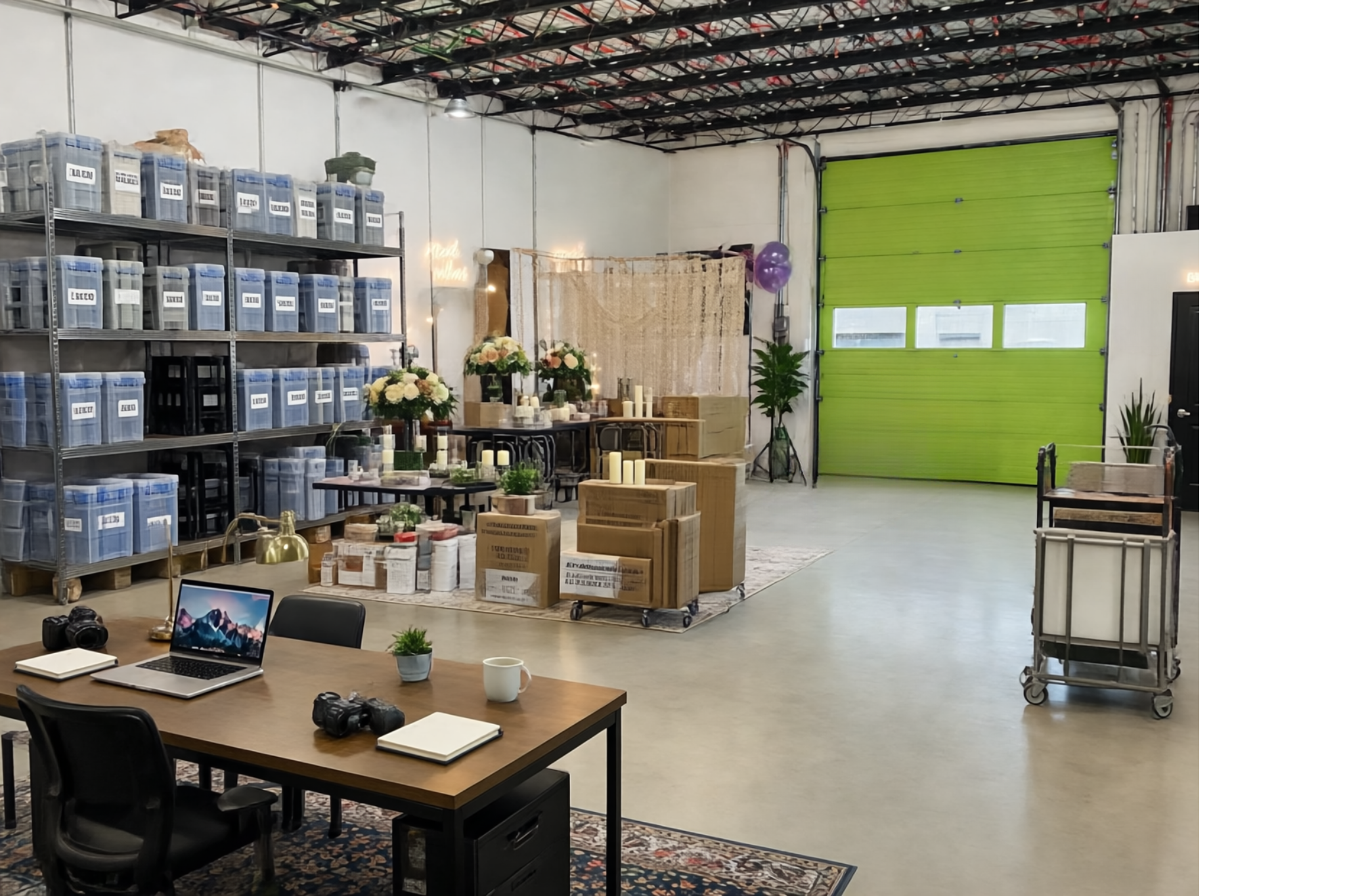 Event planner inventory and decor staged inside a WorkBay bay