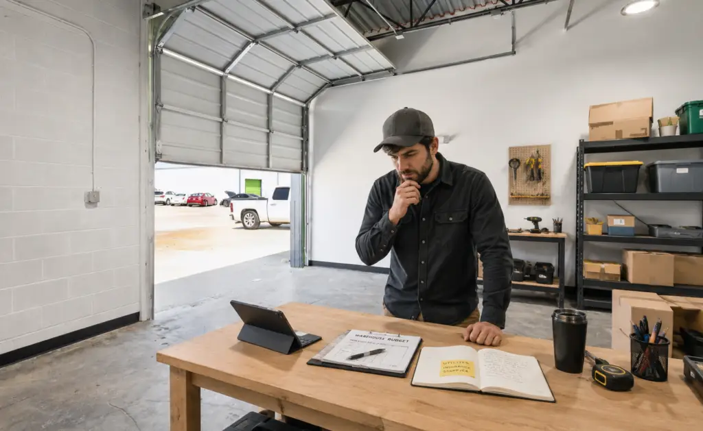 A man works at a table in a warehouse bay with the roll-up door open, reviewing notes on a tablet.