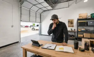 A man works at a table in a warehouse bay with the roll-up door open, reviewing notes on a tablet.