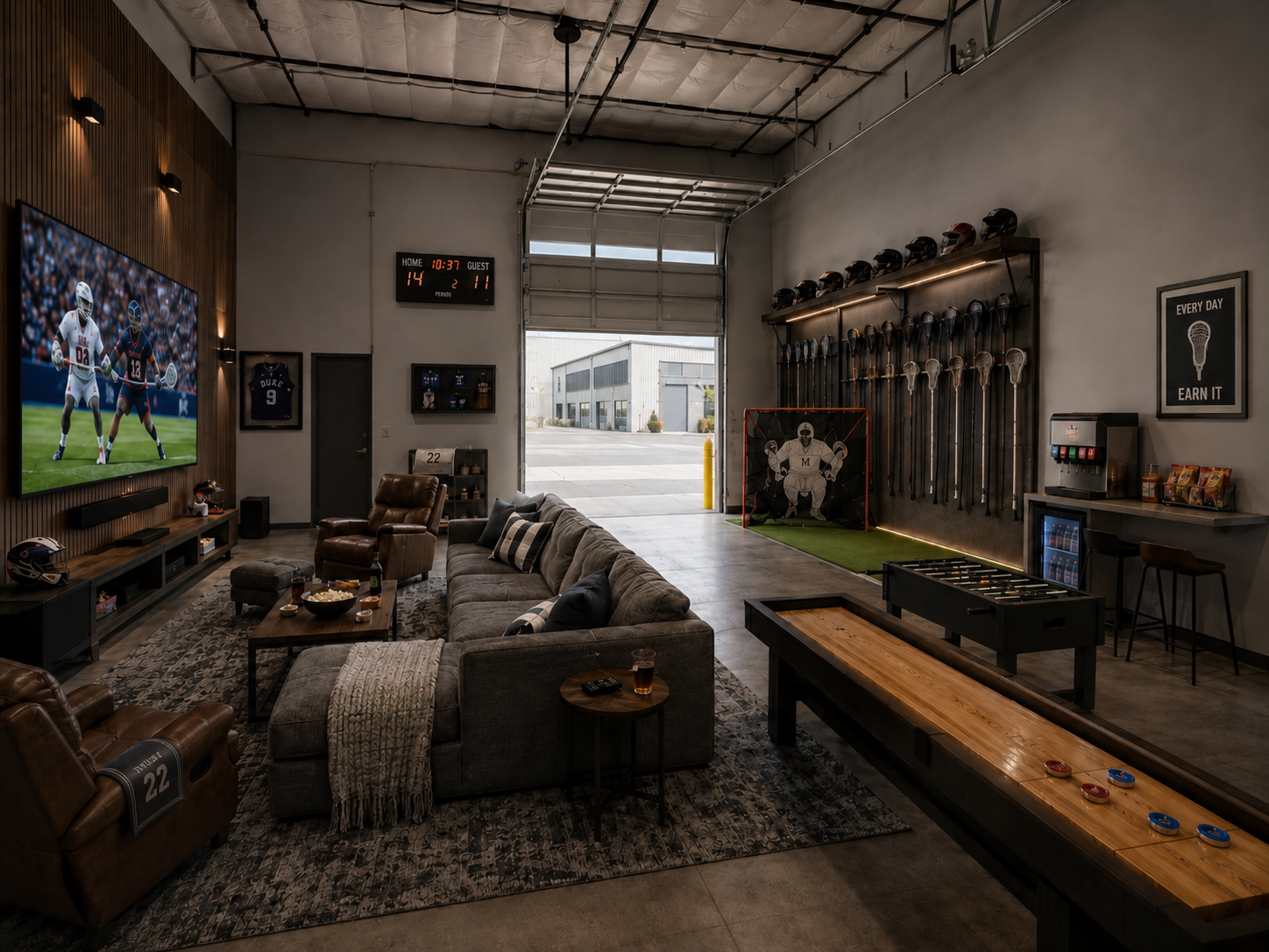 Lacrosse man cave inside a WorkBay bay