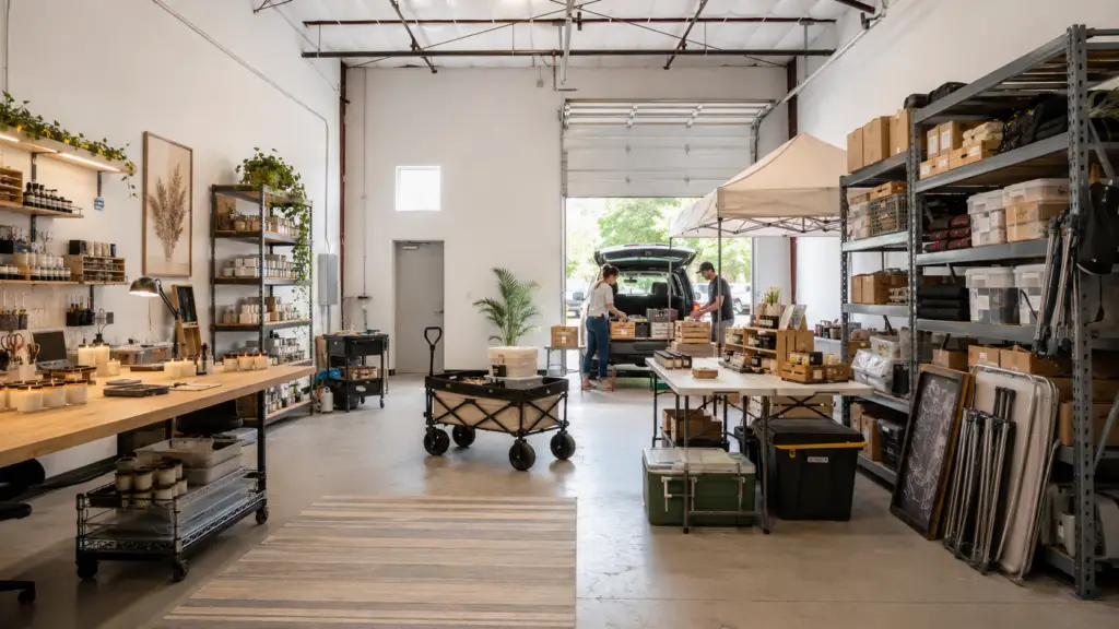 Spacious warehouse studio with shelves of boxes and supplies, worktables, carts, and two people loading items into a van through an open garage door.