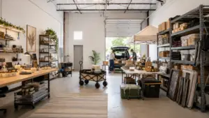 Spacious warehouse studio with shelves of boxes and supplies, worktables, carts, and two people loading items into a van through an open garage door.