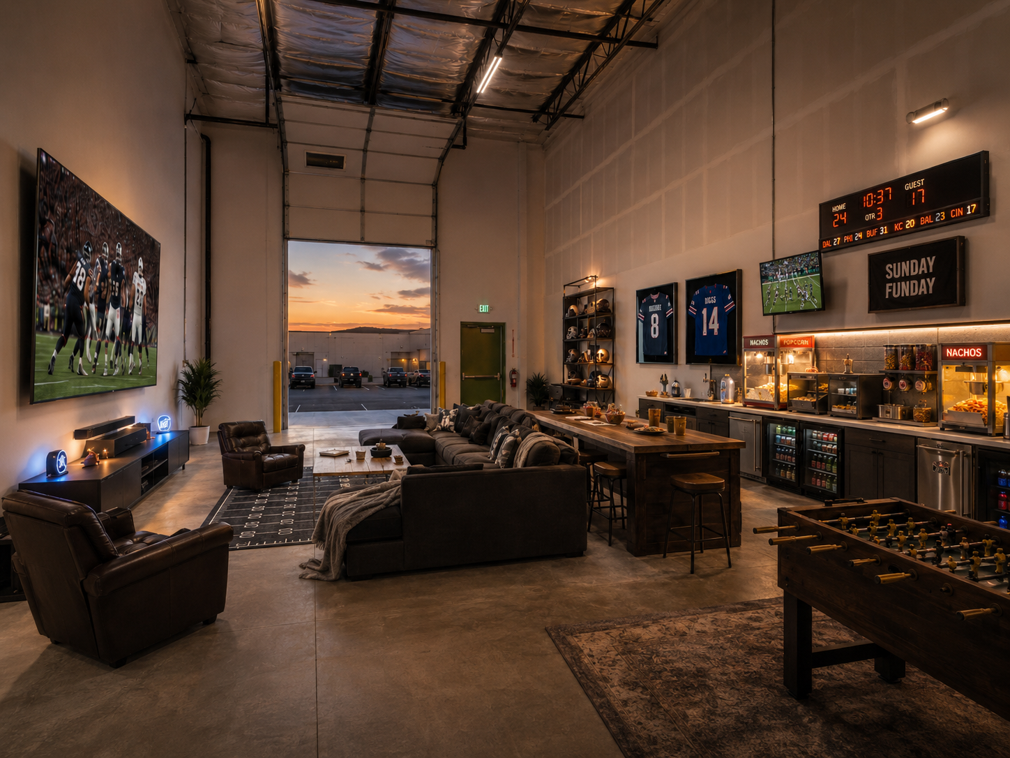 Football man cave inside a WorkBay bay