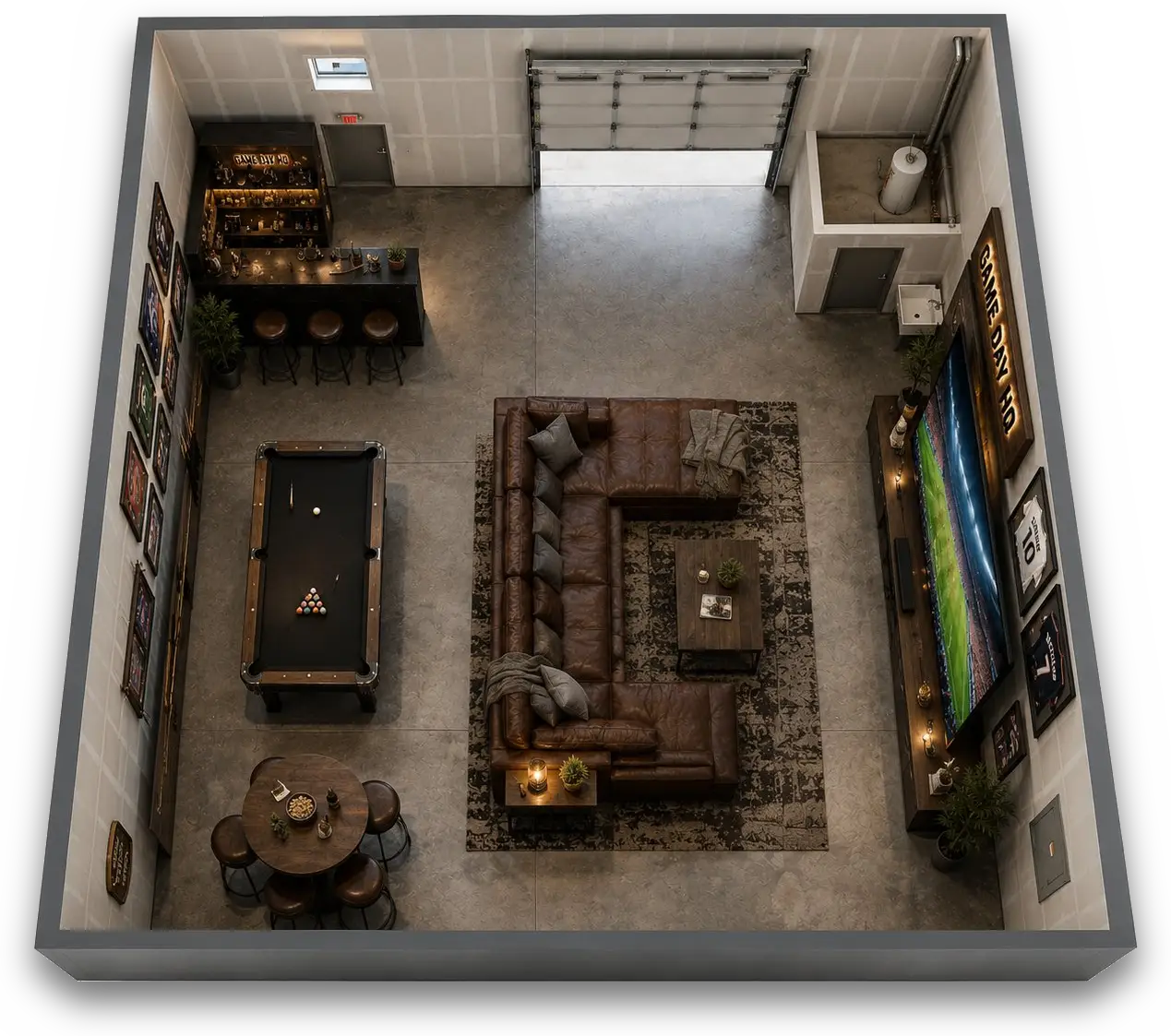 Overhead floor plan of a fully built game day man cave inside a WorkBay bay