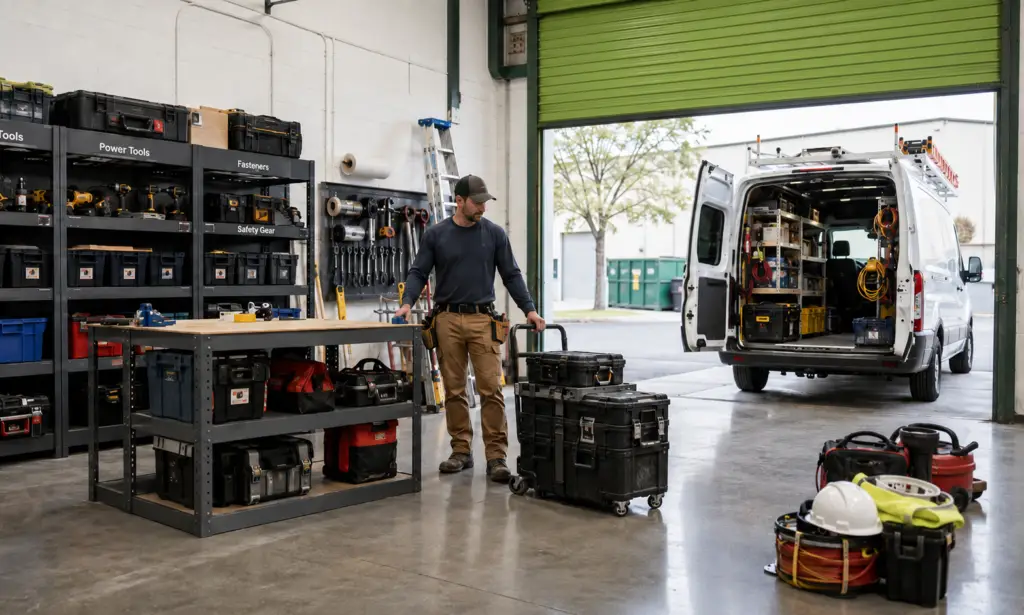 Contractor organizing tools and equipment in a small warehouse workspace beside a fully stocked work van.