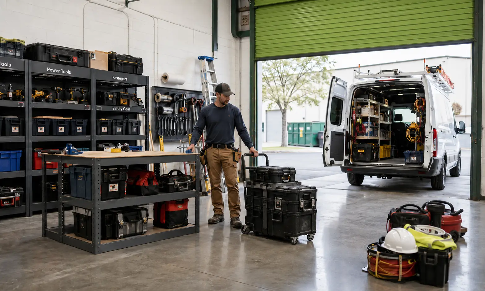 Contractor loading tools into a work van at a WorkBay bay door