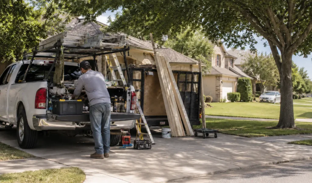 Home based contractor unloading tools and ladders from a work truck and trailer in a residential driveway.
