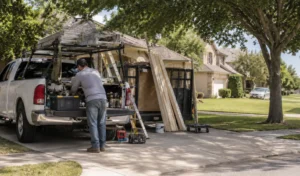 Home based contractor unloading tools and ladders from a work truck and trailer in a residential driveway.