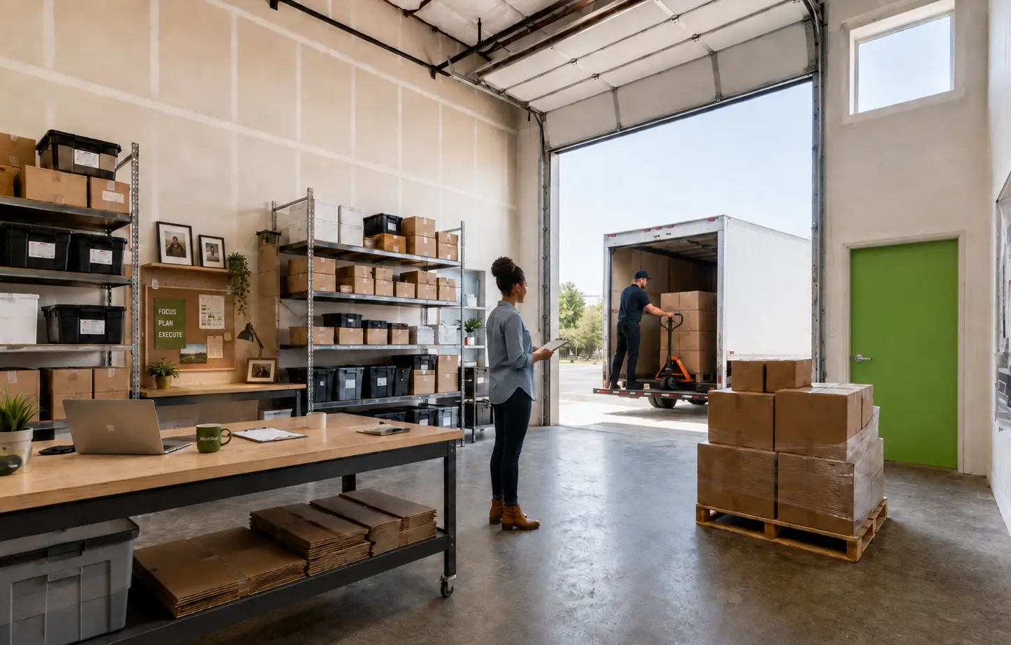 Shelved inventory and a shipping station inside a WorkBay fulfillment unit