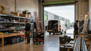 Contractors organizing tools and materials in a warehouse bay for commercial building maintenance and repair work.
