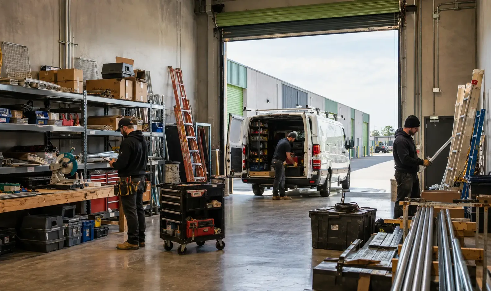 Sheet goods being loaded through a ground level roll up door