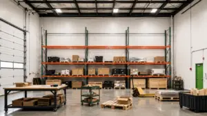 Inventory overflow stored on warehouse shelving with boxes, pallets, and packing areas organized for small business operations.