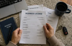 Texas home-based business paperwork with business license, tax registration, and permit forms on a desk.