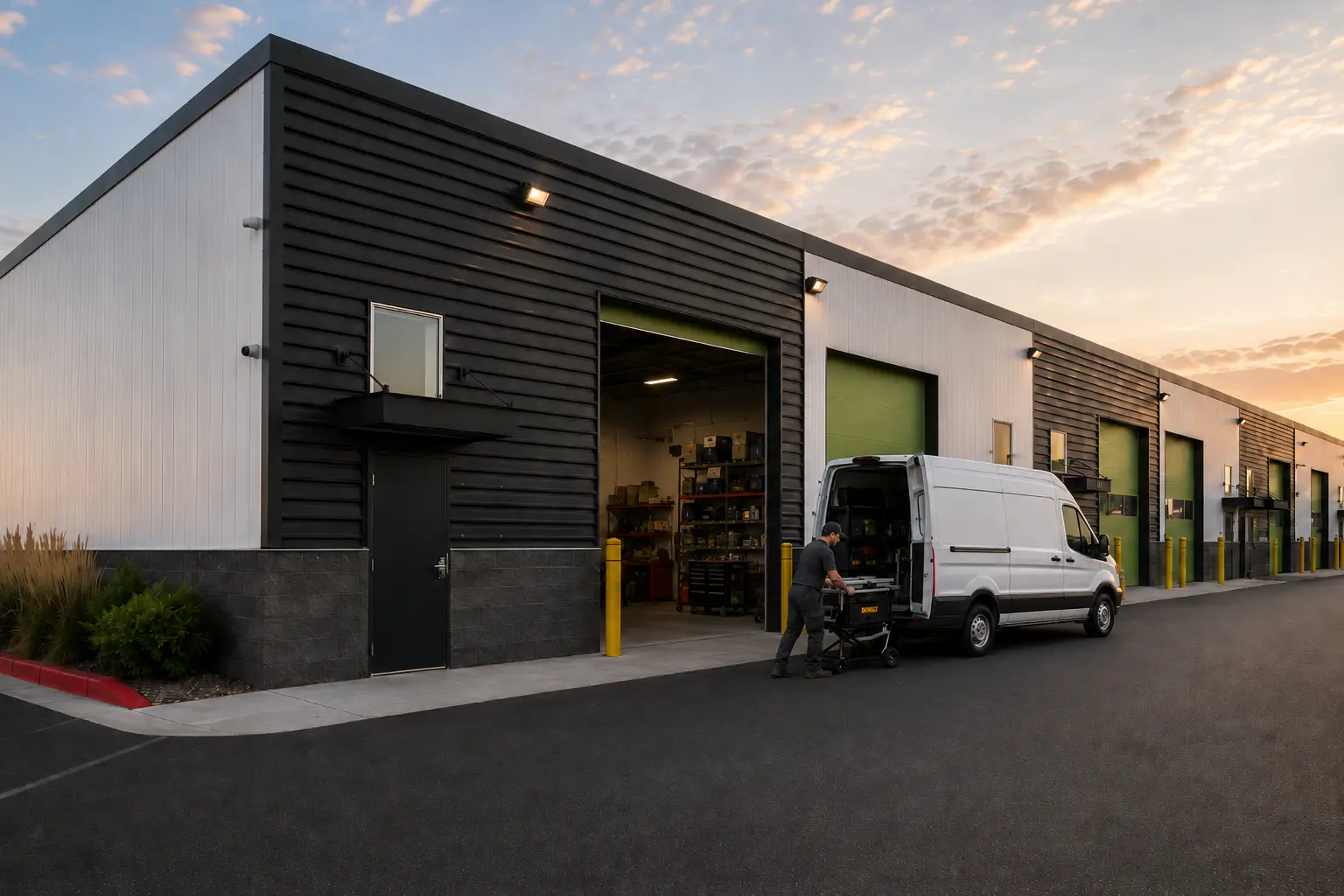 Warehouse and transportation operation at a WorkBay park