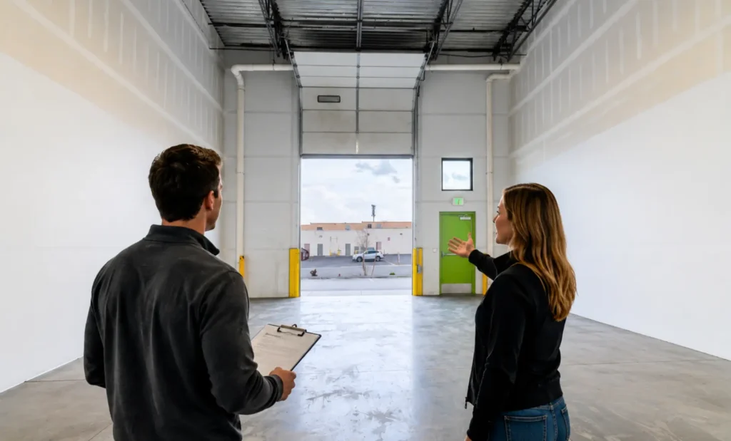 Prospective tenant holding a warehouse tour checklist while viewing an empty flex warehouse with a leasing representative.
