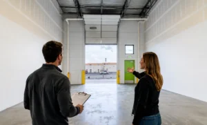 Prospective tenant holding a warehouse tour checklist while viewing an empty flex warehouse with a leasing representative.