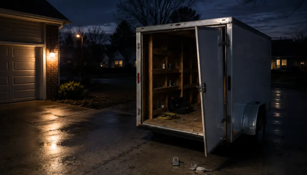 Open contractor trailer parked in a driveway at night with tools visible inside, illustrating construction tool theft prevention.