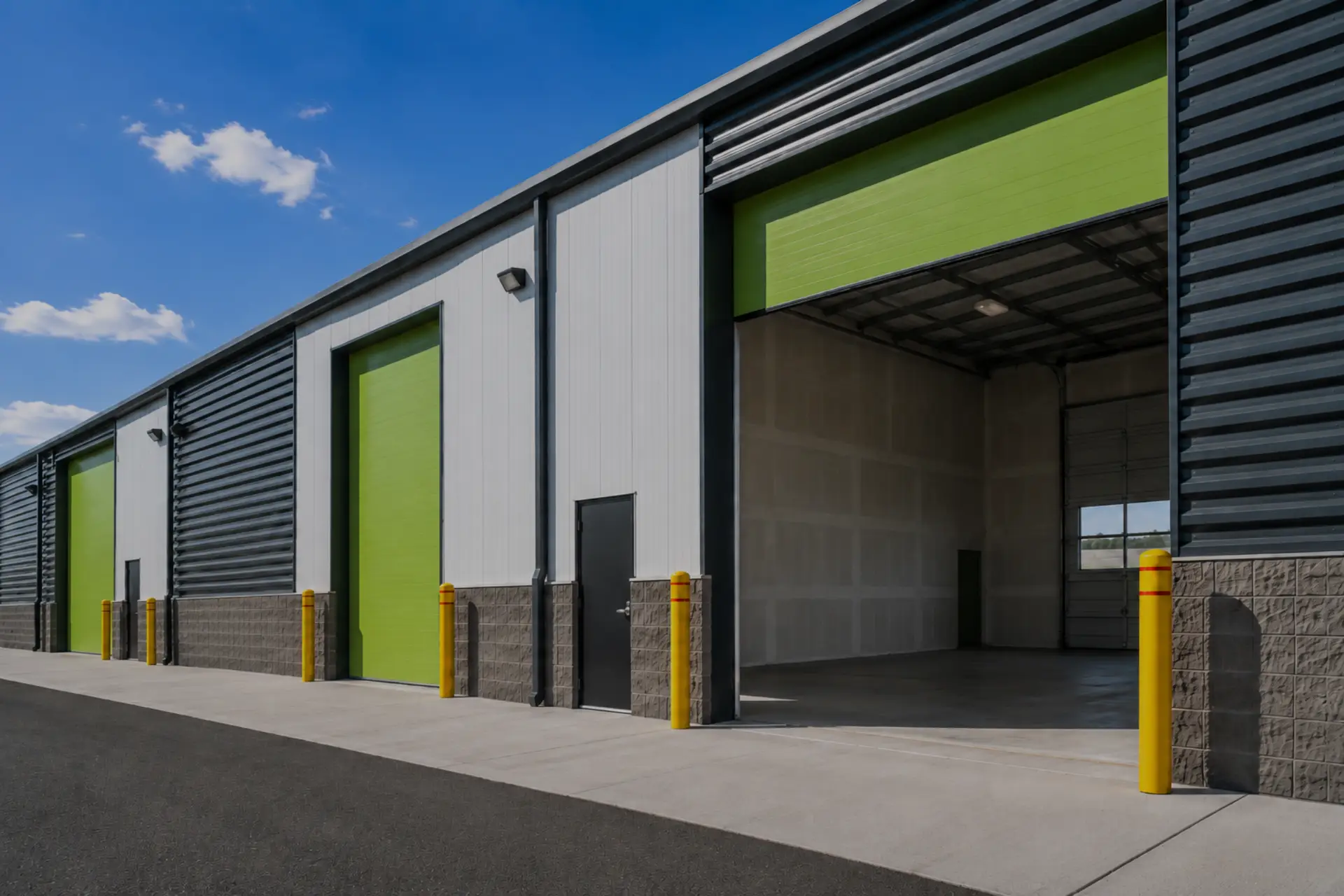 WorkBay small warehouse bays with green roll up doors and drive up access