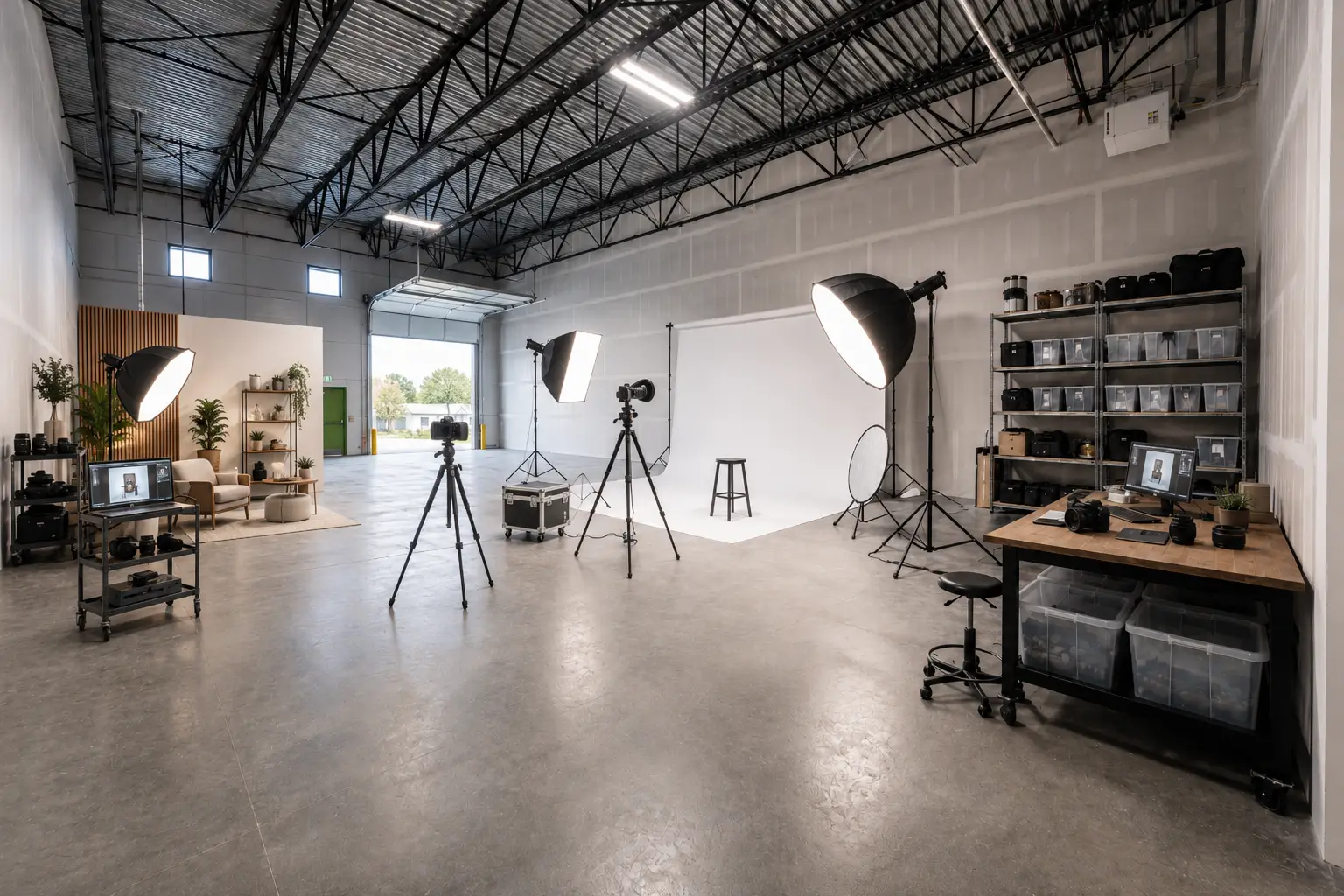 Photographer working on a lit set inside a private WorkBay studio