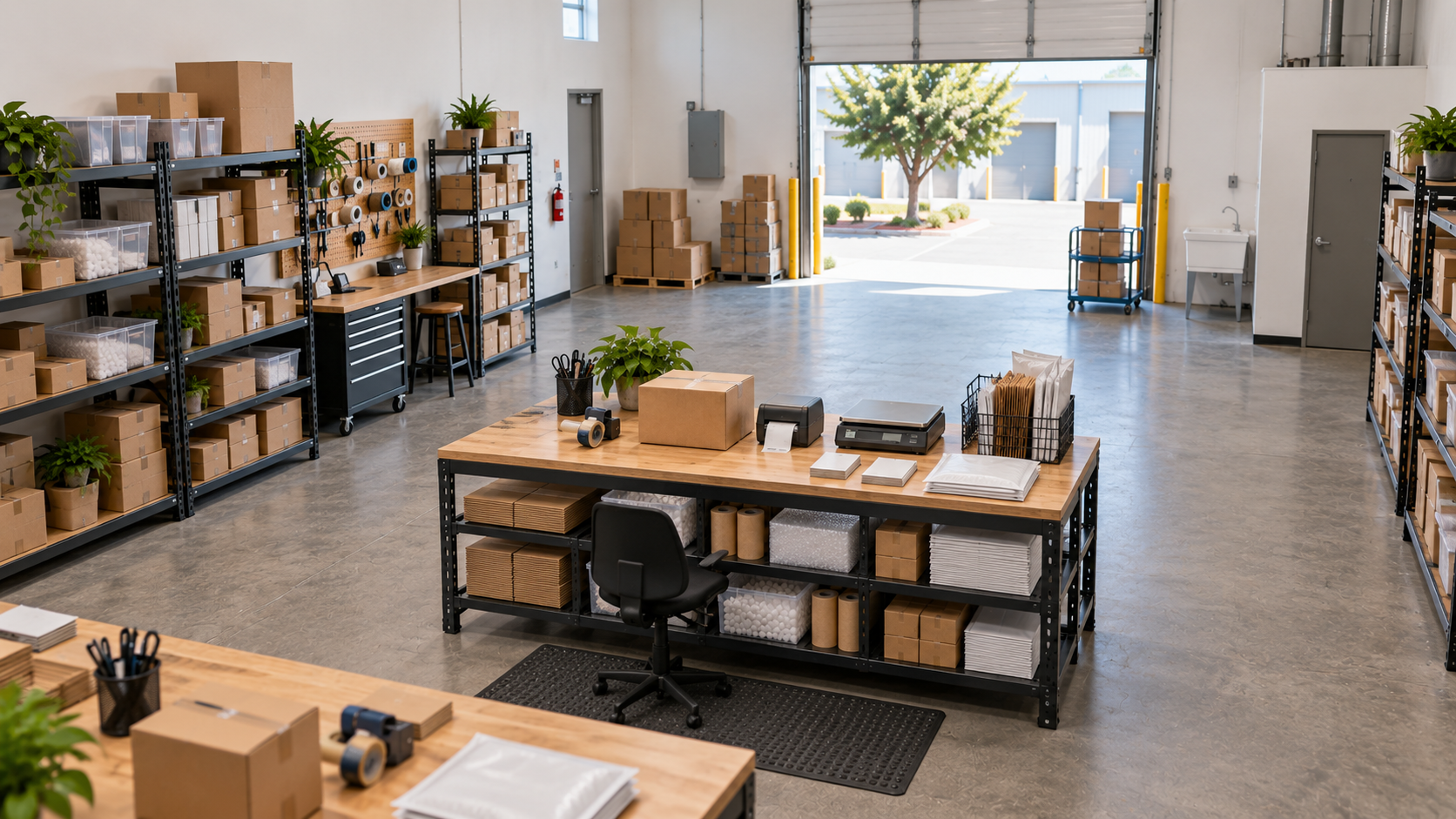 Packing station positioned between inventory shelving and the roll up door inside a small warehouse bay