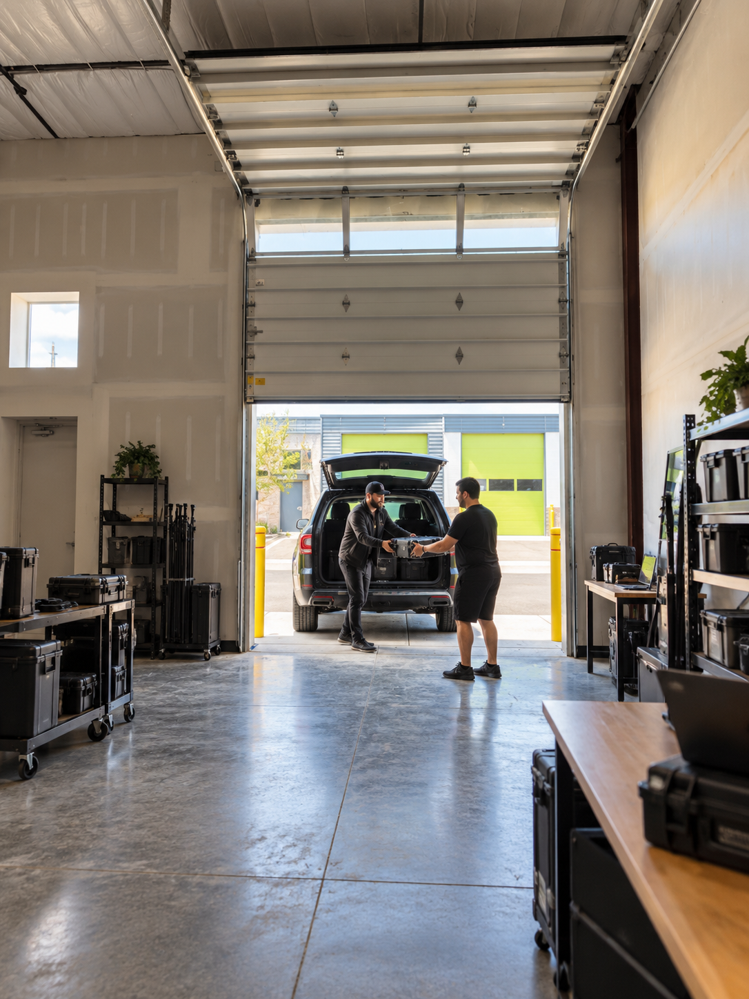 Client dropping off equipment at a WorkBay bay door