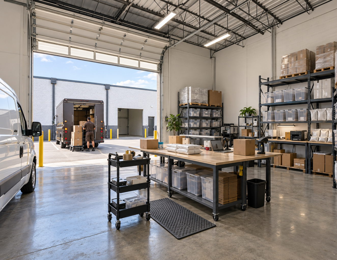 Fulfillment team packing orders inside a WorkBay unit