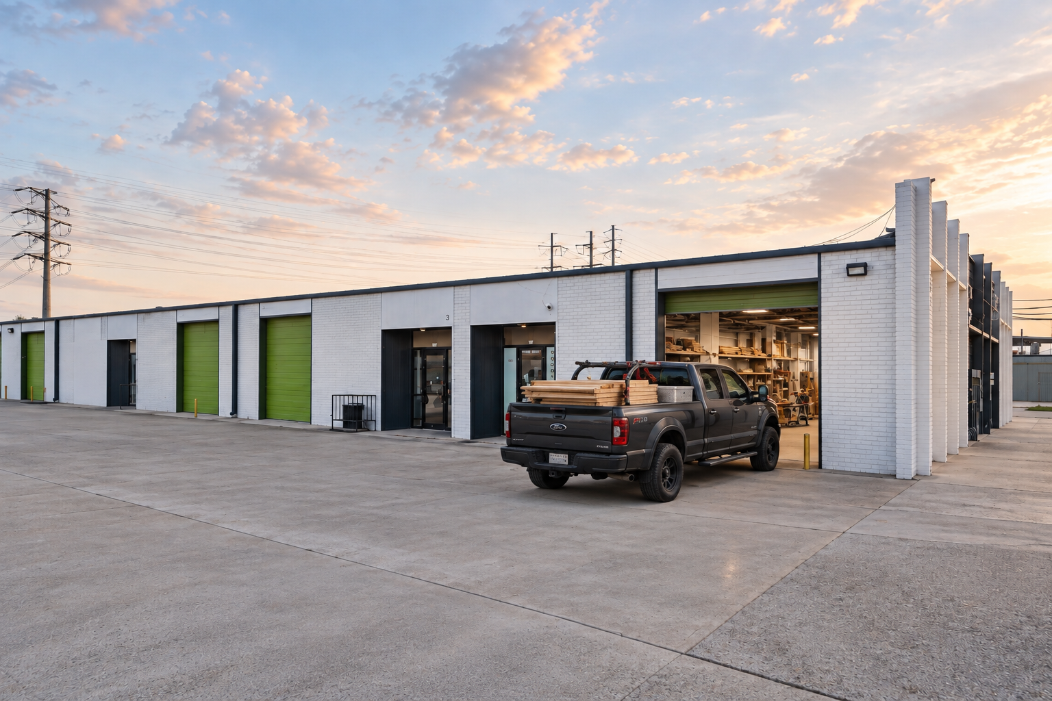 Exterior of a WorkBay park with green bay doors