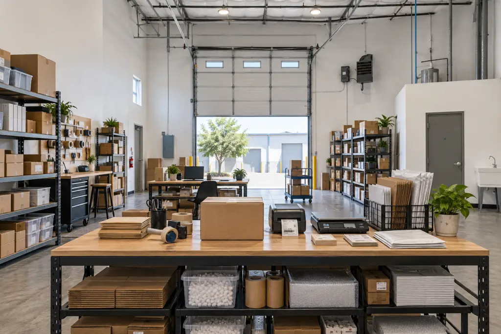 Ecommerce packing station inside a small warehouse with shelving, boxes, shipping supplies, and a roll-up door.