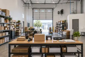 Ecommerce packing station inside a small warehouse with shelving, boxes, shipping supplies, and a roll-up door.