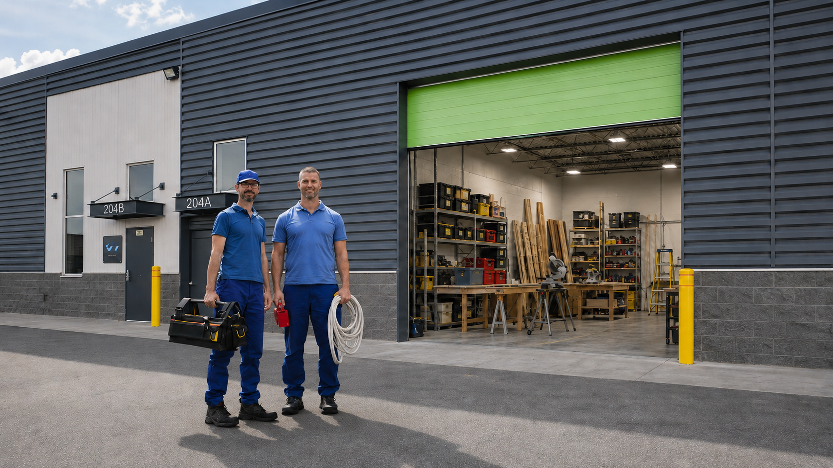 Contractor crew loading equipment at a WorkBay unit