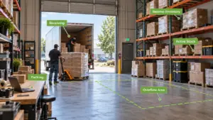 Warehouse worker unloading pallets from a truck, with labeled zones for receiving, packing, reserve inventory, active stock, and overflow storage.