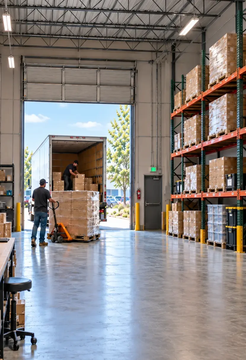 Freight being loaded through a drive up bay door